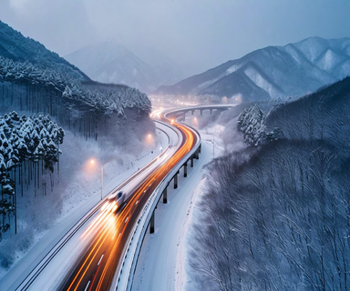 Aerial view of a snow-covered Japanese expressway through mountains during severe snowstorm, with dense clouds and heavy snowfall creating hazardous conditions across the landscape