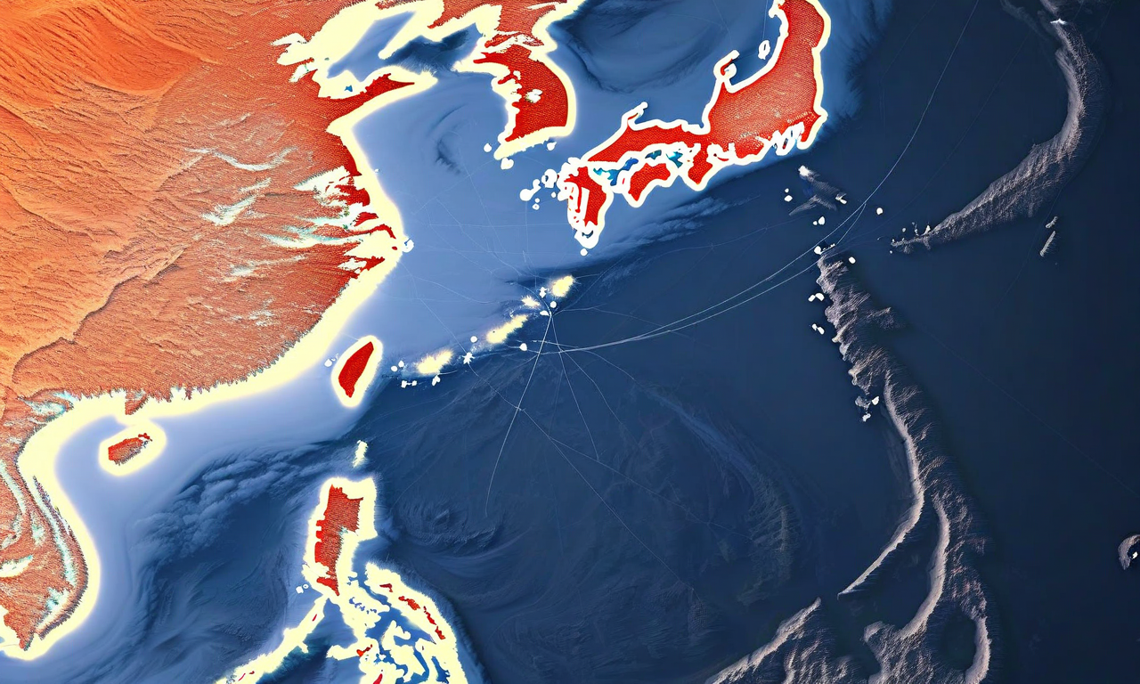 大陸高気圧と暖かい海上気団が衝突する気象現象を表現した画像。石川県と鳥取県の上空に集中する白い雪雲帯が描かれており、冷たい大陸気団を示す青色と温かい海上気団を示す赤橙色が対比されている。気圧配置の緊迫感と降雪の激しさが視覚化されている。