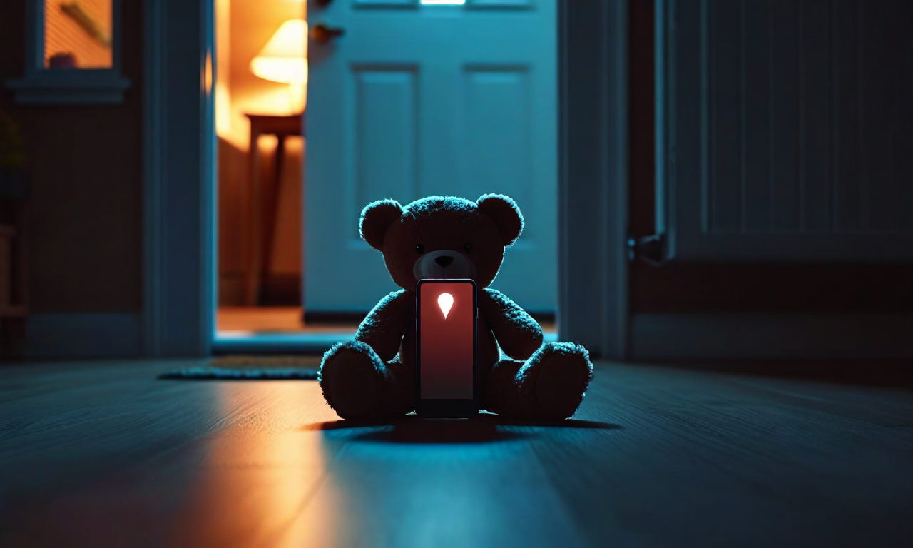 A dramatic image showing a smartphone with a glowing location signal pointing toward a plush teddy bear in shadow, symbolizing hidden tracking technology and domestic surveillance threats