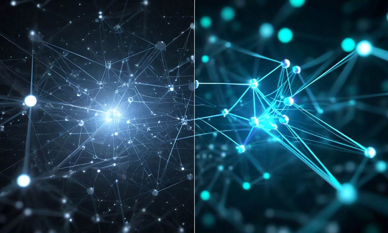 集中型ハブから分散型ネットワークへの移行を表現した抽象的なビジュアライゼーション。左側は中央ノードが支配的な階層構造を示し、右側は複数の等価なノードが相互接続された分散ネットワークを示している。青と青緑色の光が自律的な意思決定とリアルタイムデータフローを表現している。