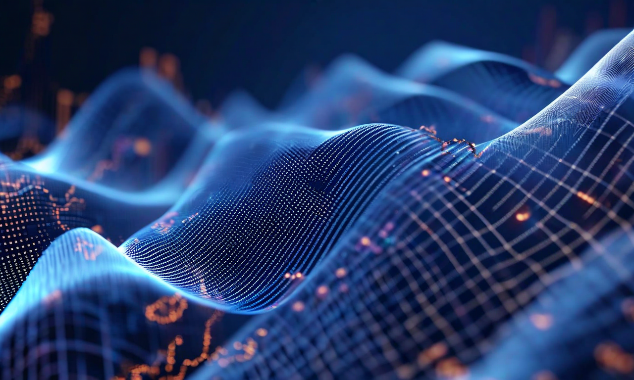 Abstract visualization of currency exchange flows showing interweaving blue and silver ribbons representing yen-dollar trading dynamics, with geometric grid patterns and overlapping time elements suggesting market structure and volatility