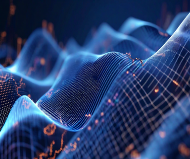 Abstract visualization of currency exchange flows showing interweaving blue and silver ribbons representing yen-dollar trading dynamics, with geometric grid patterns and overlapping time elements suggesting market structure and volatility