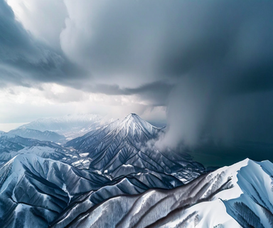 Aerial view of heavy snowfall over Japanese mountains with dark storm clouds and snow-covered peaks, illustrating severe winter weather conditions and orographic precipitation effects