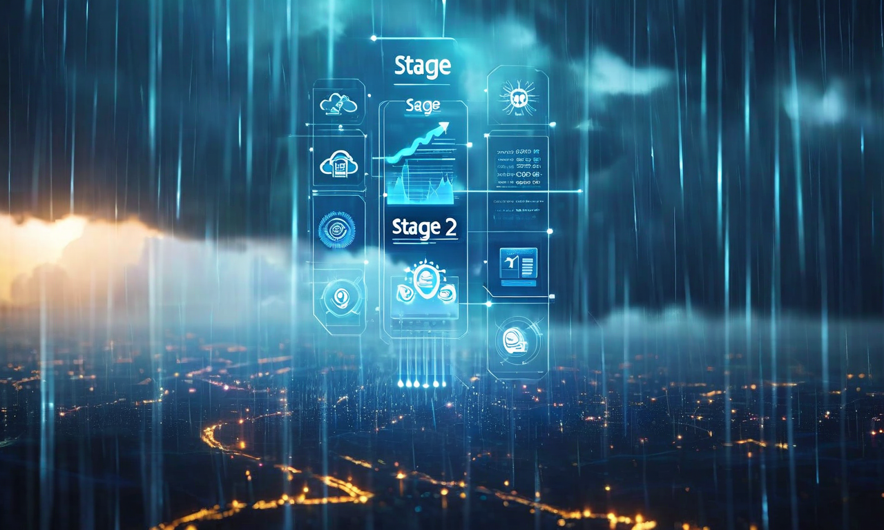 気象対応能力の段階的成熟度向上を示す3段階の進化パス。左から右へ、反応的対応（即座の警告と対応）、予測的対応（データ分析と事前計画）、自動化・予測統合（AI駆動の統合システム）へと進化する様子を表現。各段階は上昇する矢印で接続され、組織の気象レジリエンス向上の全体像を視覚化している。