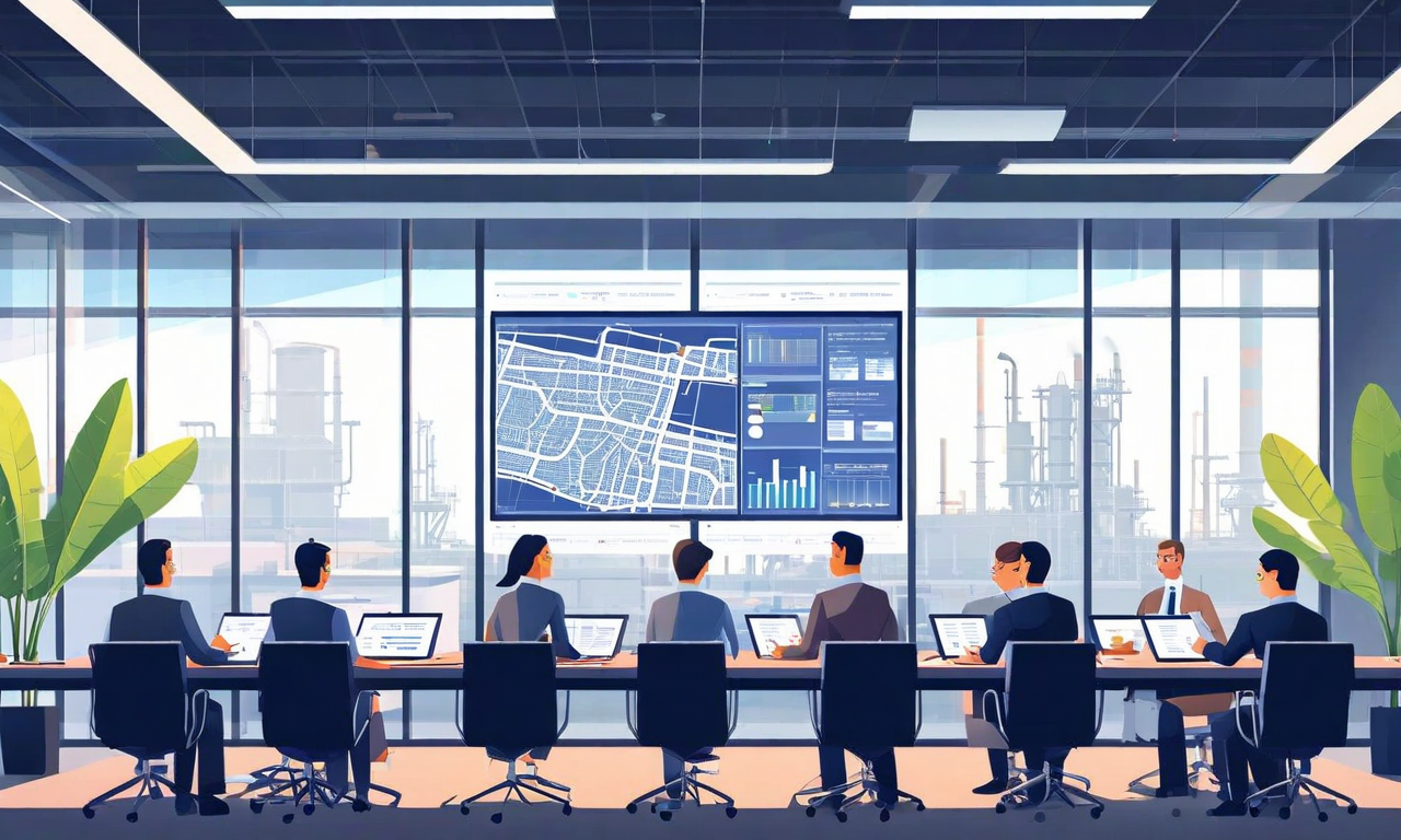 中部電力の技術チームと規制当局の担当者が、モダンな会議室で地震ハザード評価について協働検証を行っている様子。複数の専門家が地質図、地震データ可視化、技術報告書を前に、ラップトップやモニター画面を使用しながら対話している。背景には産業施設が見える。