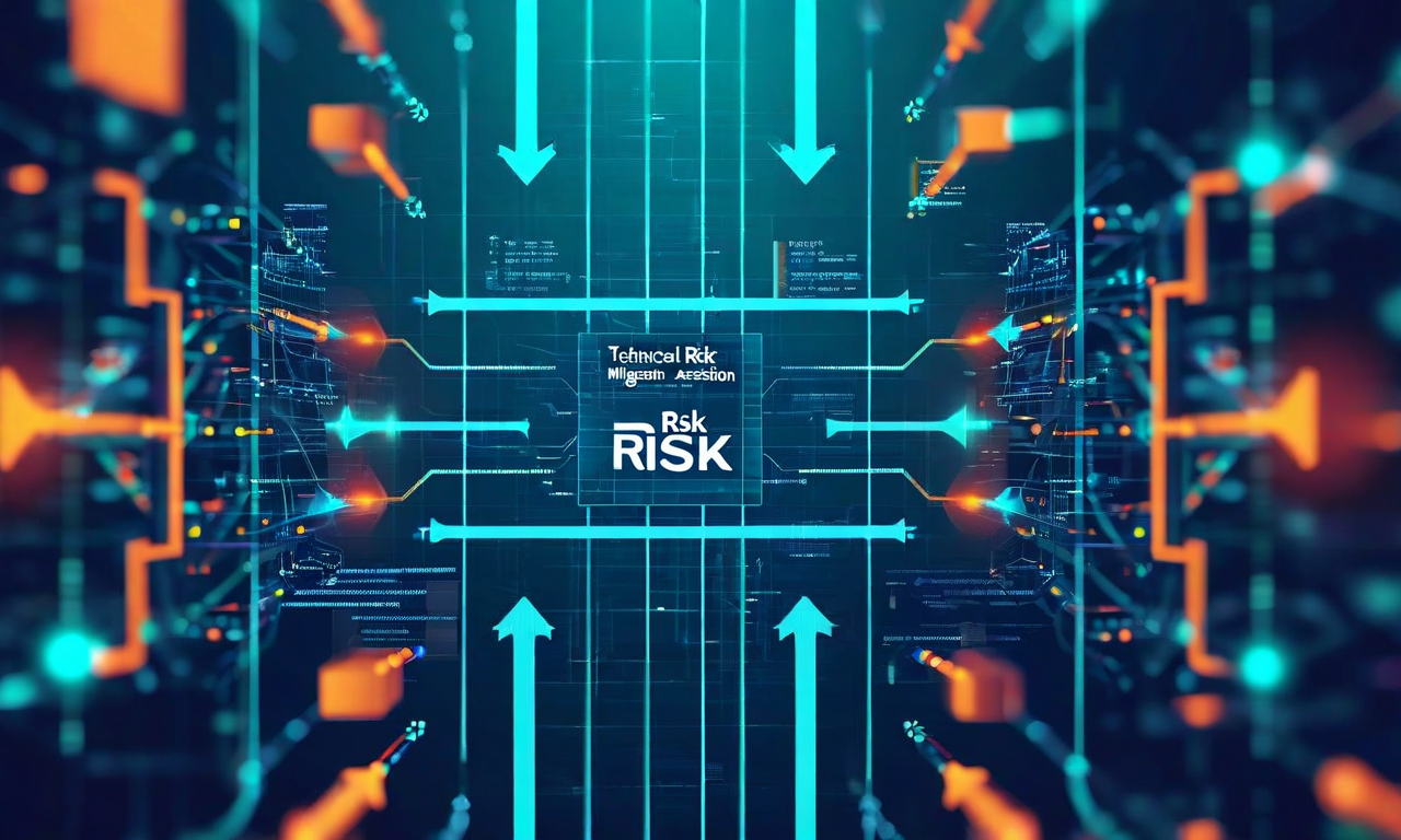 リスク要因と軽減戦略の関係を示す専門的なビジュアル。技術的リスク（ハザード評価の不確実性）、スケジュールリスク（審査期間の延長）、組織的リスク（規制対応能力）の3つのカテゴリーが、それぞれの軽減策によってどのように対処されるかを、相互接続されたフレームワークと矢印で表現。各リスク要因から対応する軽減戦略への経路が視覚的に示されている。