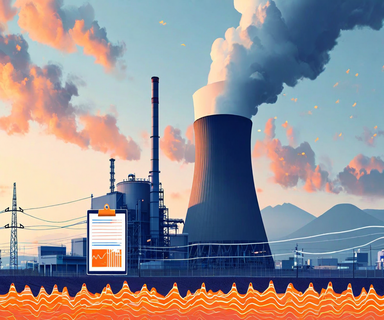 Nuclear power plant facility with cooling towers shown alongside seismic wave patterns and regulatory inspection symbols, representing the safety review suspension at Hamaoka Nuclear Power Station due to seismic hazard assessment concerns
