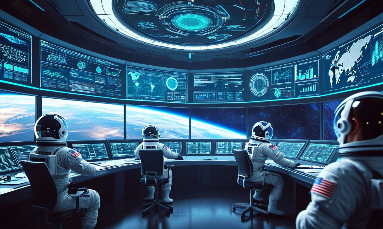 宇宙ステーション帰還クルーが残留クルーに対してミッションデータを共有している様子を描いた専門的なイラスト。モダンなコントロールルーム内で、複数の宇宙機関の職員がデジタルネットワークとホログラフィックディスプレイを通じて情報を交換し、得られた教訓を将来のミッション計画に統合している。国際協力と知識の継続性を強調した構成。