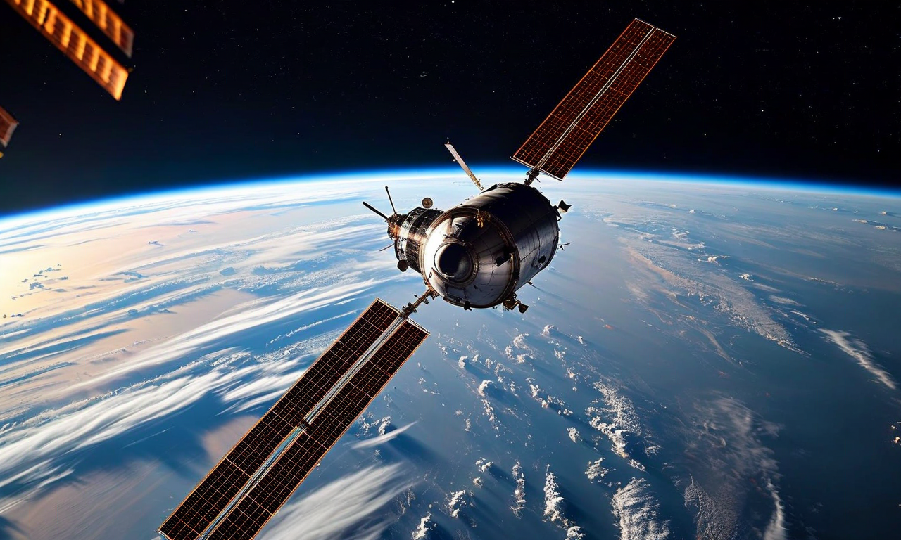 Soyuz spacecraft separating from the International Space Station during undocking procedure, with Earth's blue horizon visible in the background