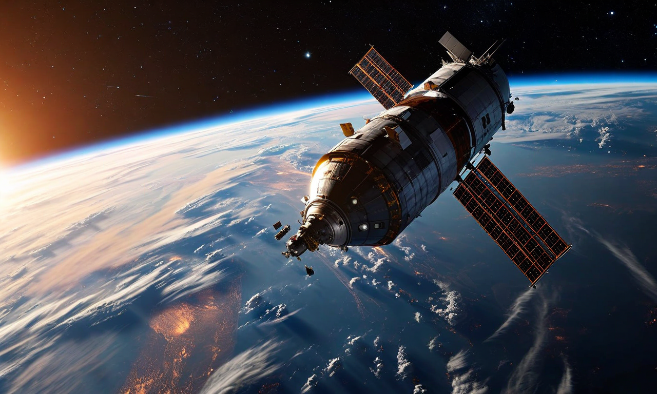 国際宇宙ステーション（ISS）から分離するソユーズ宇宙船を描いた宇宙シーン。背景にはISSの太陽電池パネルが見え、ソユーズカプセルは地球への帰還軌道に向かって移動している。地球は画面下部に青い海と雲を伴って表示されている。宇宙の黒い空間に星が輝き、太陽からの劇的な光が照らしている。加速された帰還スケジュールの緊張感と国際宇宙機関による協力の重要性を視覚的に表現している。