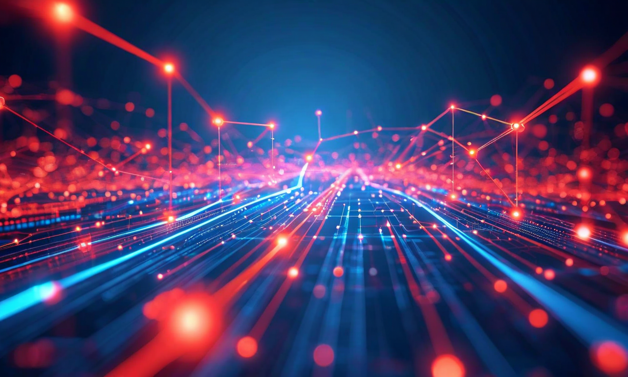 複数の分岐点を持つ経路図。中央のノードから3つの異なるシナリオへ分岐している。エスカレーション（赤系、上昇軌道）、安定化（青系、水平経路）、国際的介入（グローバルネットワーク拡張）を表現。相互接続されたノードと流動的な線で因果関係を視覚化した抽象的なコンセプトイメージ。