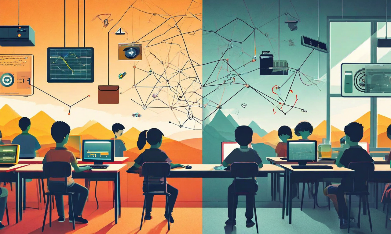 デジタルアクセス不平等を表現した分割画面イメージ。左側は限定的なテクノロジーアクセスを持つ農村部の学生、右側は充実したデジタルリソースを持つ都市部の学生を描写。中央には拡大する格差を示す断絶した橋またはネットワークノードが表示される。経済的障壁を示す要素(空の財布、コスト記号、デバイス不足)と地理的要素(山々による地域分離)が統合されている。