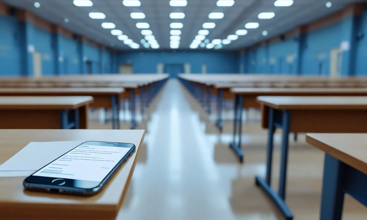 An examination hall with rows of desks viewed from above, with a foreground desk showing an admission ticket paper and smartphone, representing the intersection of traditional university entrance exams and new digital printing requirements