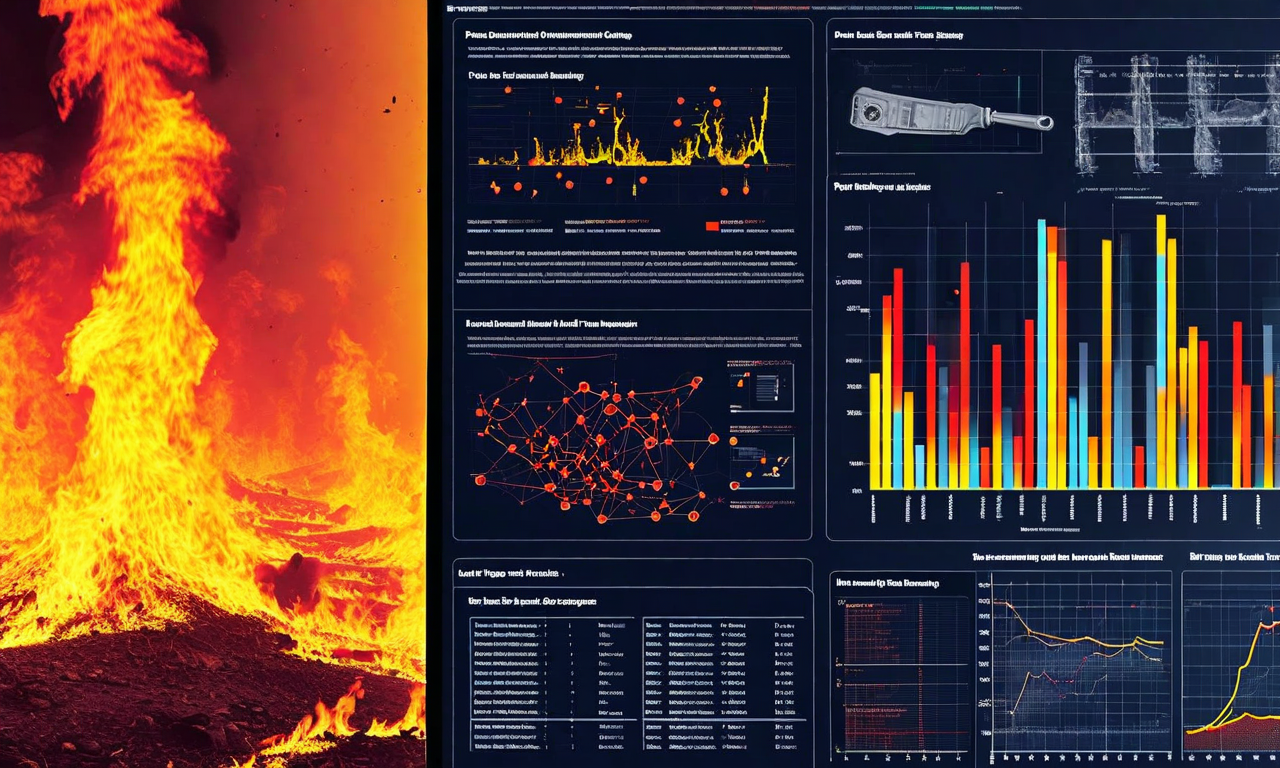 火災原因調査の科学的プロセスを表現した専門的なイラスト。熱画像解析による火の進行パターン、複数の出火点の証拠マーカー、加速剤の痕跡、火災パターン分析図、デジタル鑑定ツールなどが統合されて表示されており、火災鑑定の信頼性と科学的厳密性を視覚化している。
