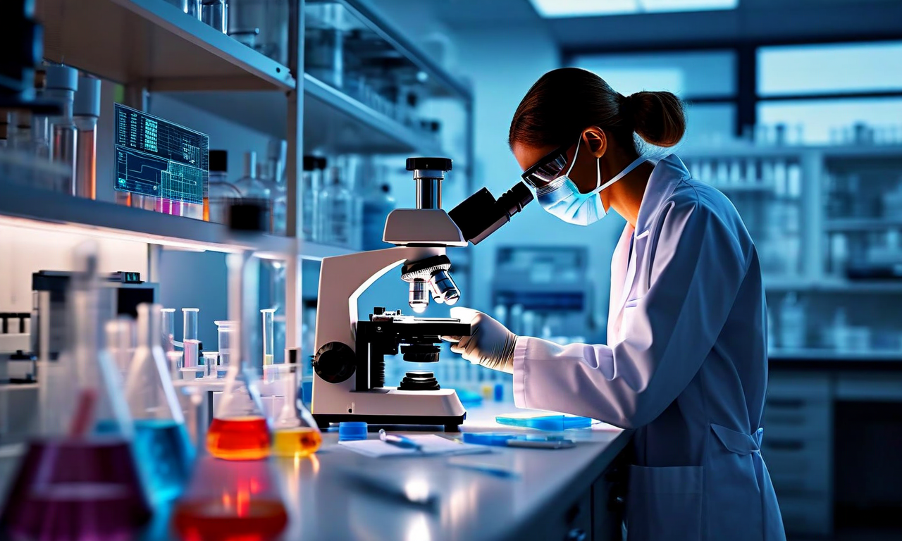 法医学的調査プロセスを表現した専門的なラボシーン。顕微鏡による組織サンプル検査、法医学的証拠採集ツール、毒性学分析機器、解剖検査テーブル、デジタル分析ディスプレイが配置された科学的で信頼性の高い調査環境を示している。