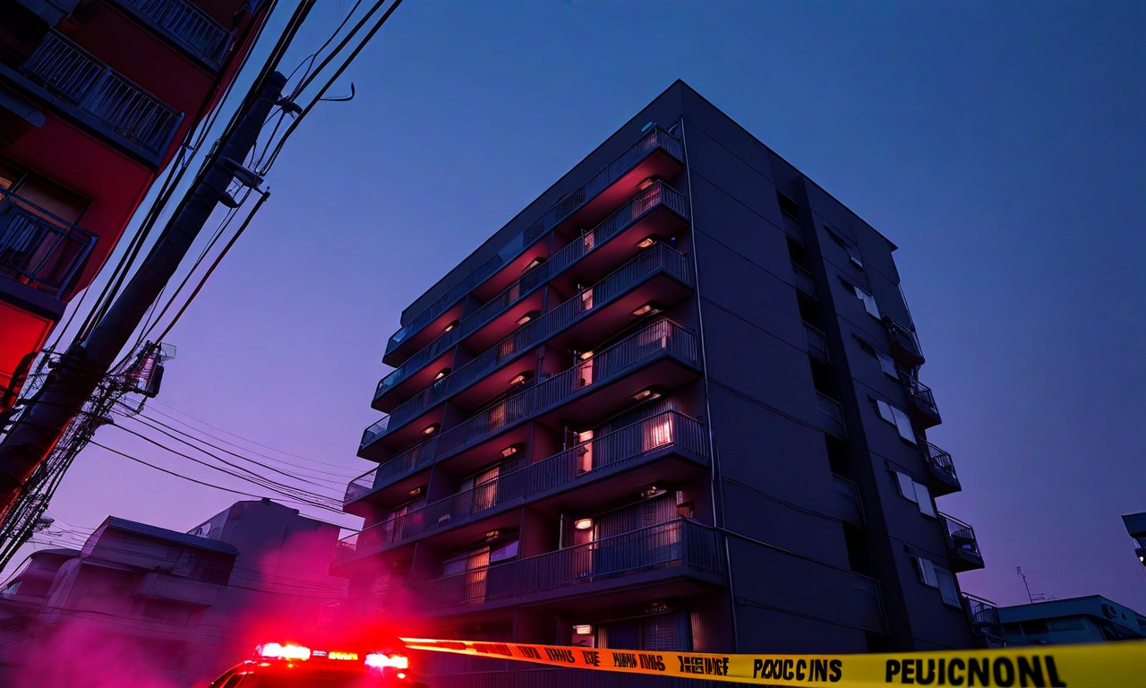 A Japanese apartment building at dusk with emergency vehicle lights reflecting on its facade and police tape in the foreground, depicting a crime scene investigation atmosphere