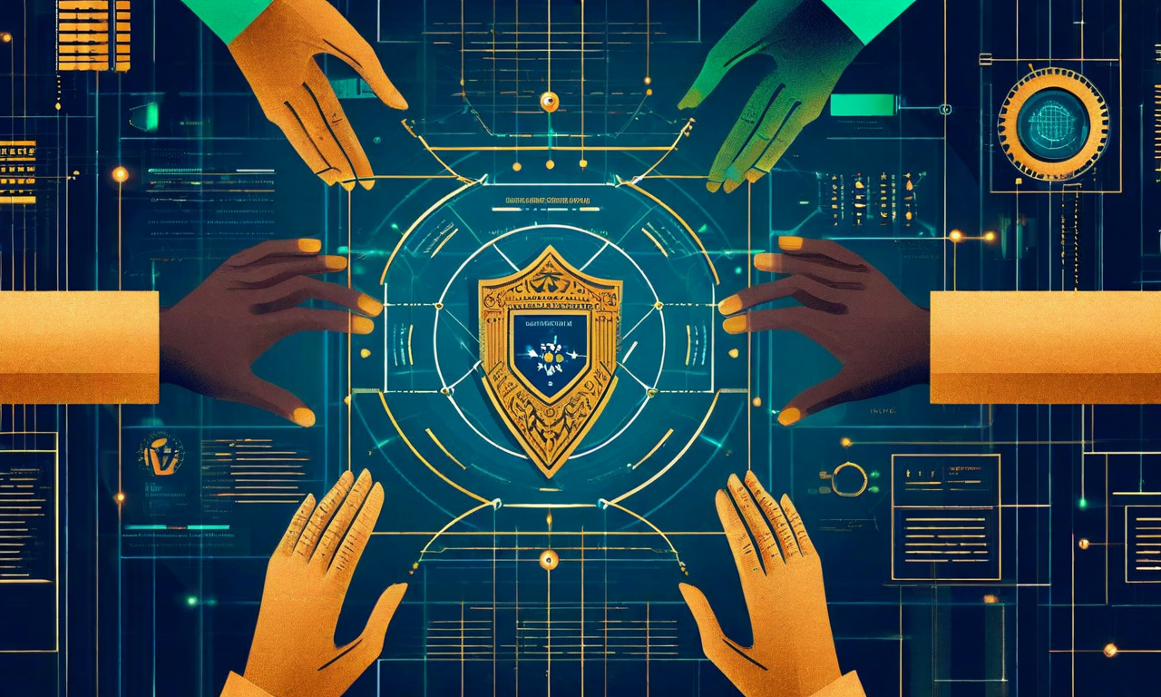 民主主義の基本原則(普通選挙、秘密投票、投票の自由)を象徴する中央の盾と3本の柱を中心に、憲法的枠組みと選挙運営の革新が調和している概念図。周囲には、効率化と有権者参加拡大を表すデジタル要素、相互接続されたノード、データフロー、テクノロジーインターフェースが配置されており、伝統的な民主主義価値と現代的なイノベーションの共存を視覚化している。