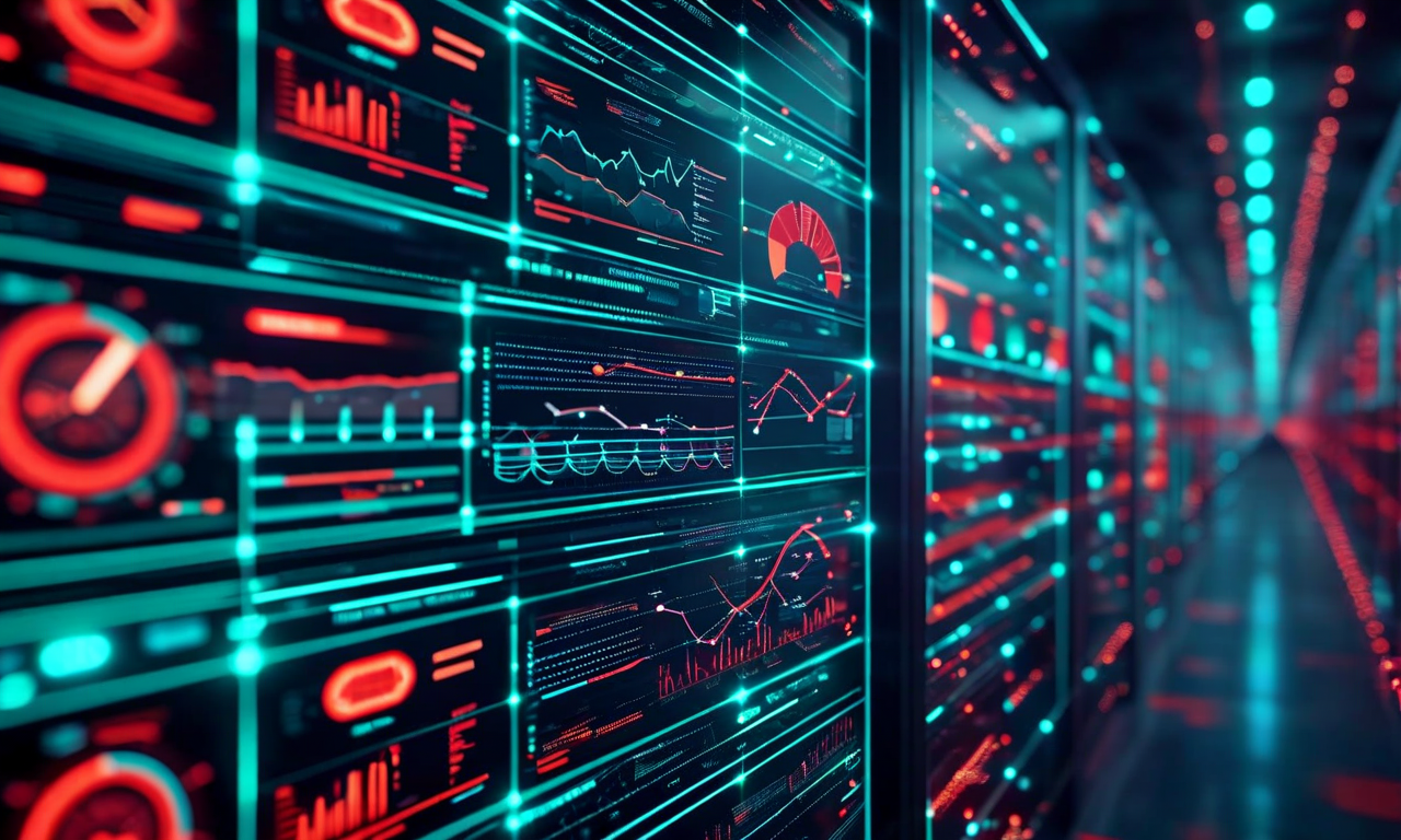 複数層の安全監視システムを表現したデジタルイラスト。相互接続されたインターフェース、警報表示、エラー検出機能を示す。青とティール色を基調に、赤いアラート表示が含まれ、システム間のデータフローと設定エラーの脆弱性を視覚化している。