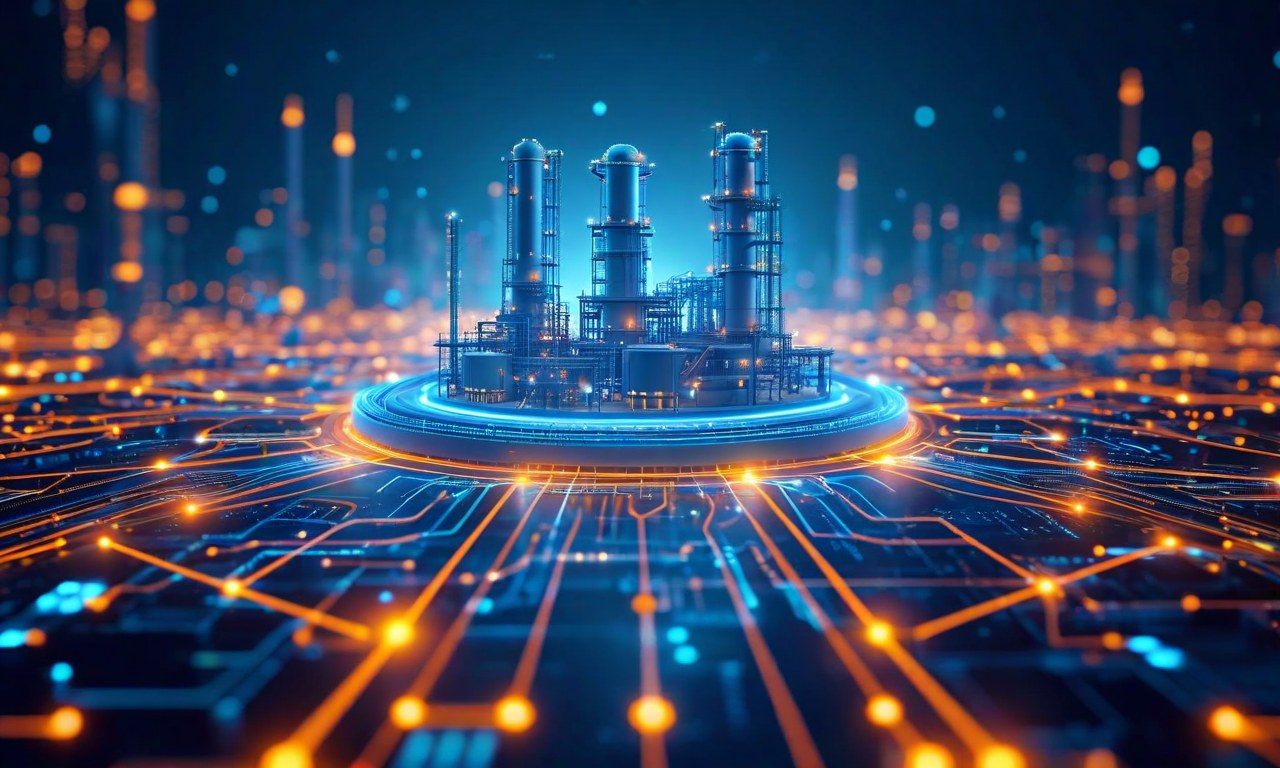 複数の原子力施設がネットワークで相互接続され、中央の施設から規制当局、業界標準化機関へ波及効果が流れ出ている図。エラーインジケーターから発する光の経路が、安全プロトコルの改善とコンプライアンス更新を表現している。青とアンバーの配色で、システム間の関係性と業界全体への影響を視覚化。