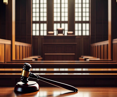 A solemn Japanese courtroom interior with empty wooden benches and dramatic natural lighting, featuring a gavel in the foreground, symbolizing the gravity of judicial proceedings and legal judgment