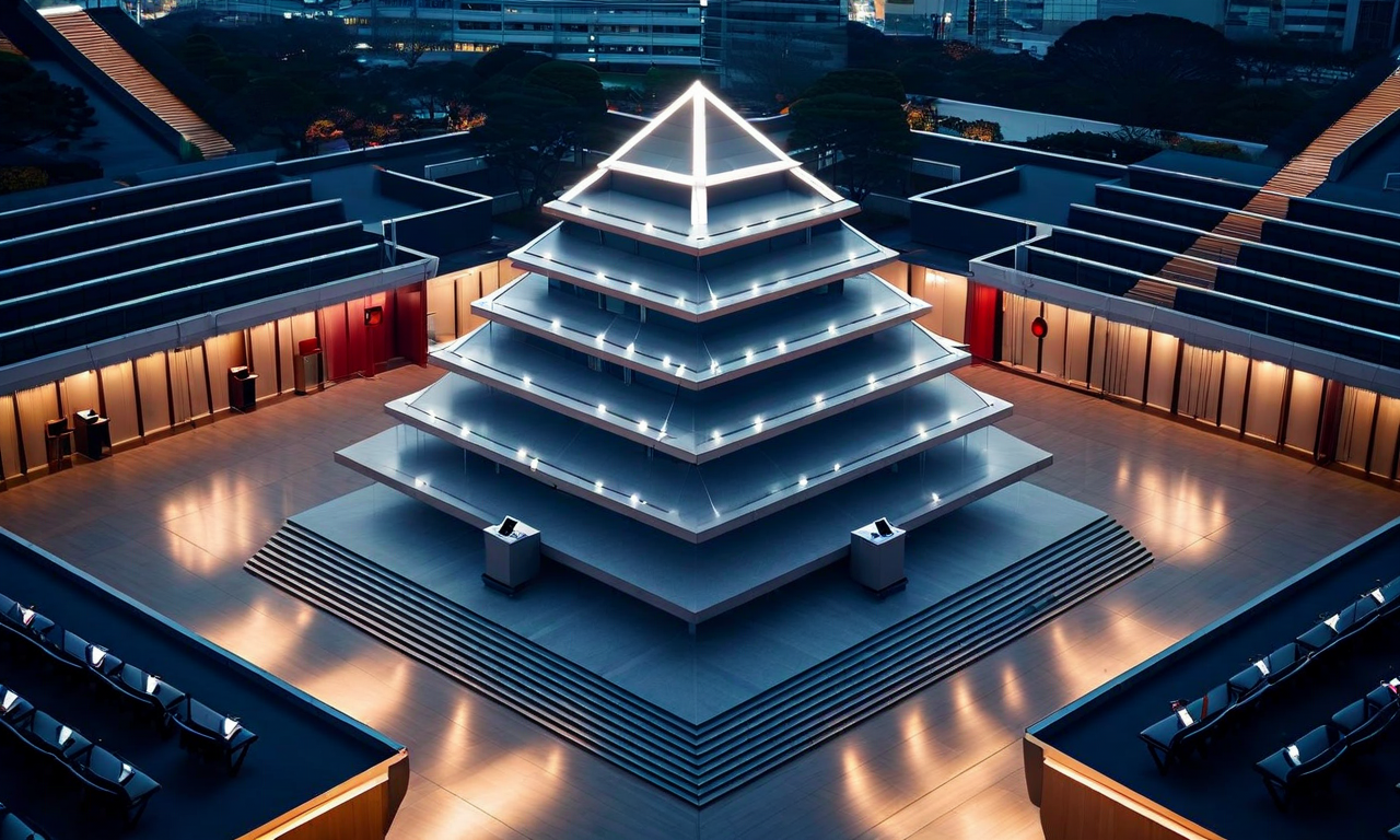 Aerial view of the Japanese National Diet Building surrounded by organized rows of podiums representing electoral districts, with light trails connecting them to symbolize campaign coordination and the election process