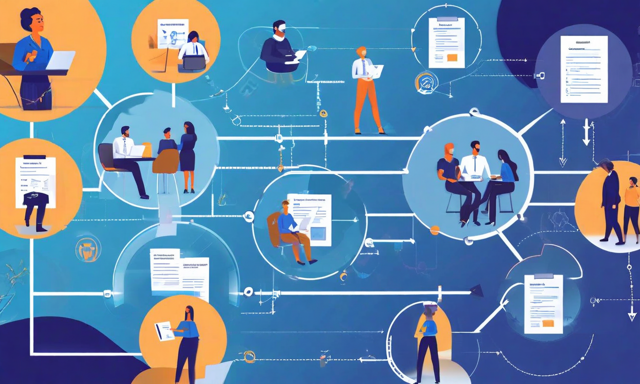 政策プラットフォーム開発プロセスの概念図。複数の政策チームと専門家が円形に配置され、相互に接続された矢印で結ばれている。左から右へ進むにつれて、協議フェーズから内部調整、最終化へと段階的に進行する様子を表現。透明な層状の円と流動的な矢印が、複雑で民主的なプロセスの相互作用を視覚化している。