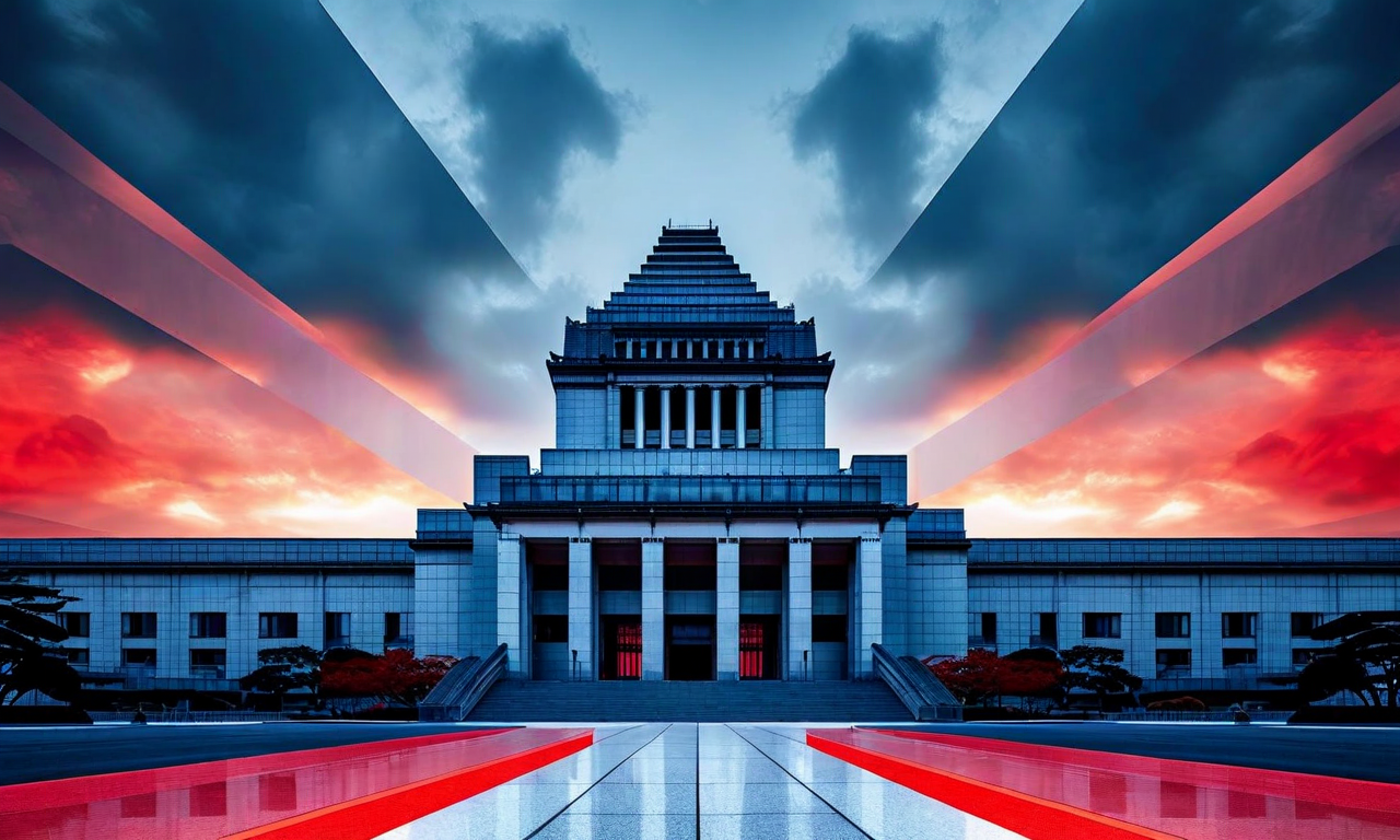 The Japanese National Diet Building photographed from below with a dramatic split-tone effect showing blue on one side and red on the other, with geometric arrows converging toward the center, symbolizing political opposition and the upcoming general election