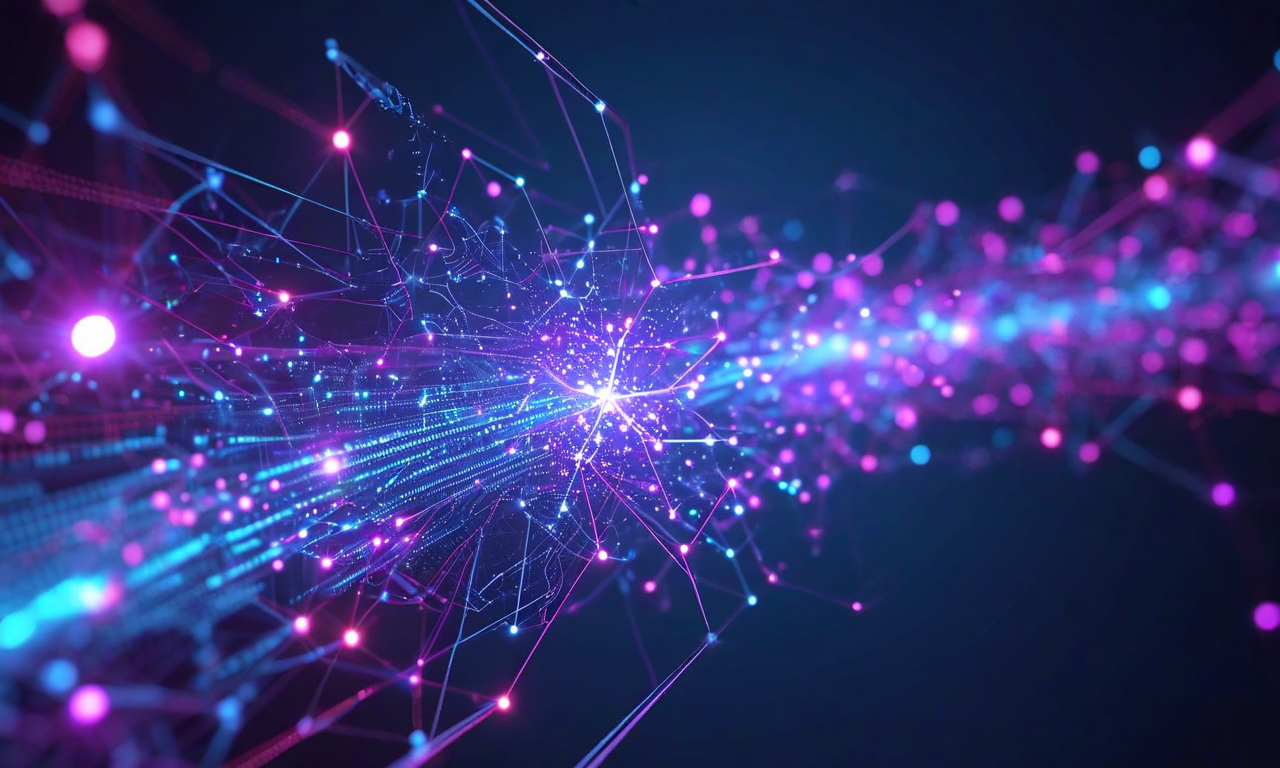 適応的意思決定エンジンの概念図。リアルタイムデータストリーム、機械学習モデルのニューラルネットワーク、ルールベースシステムの3つのコンポーネントが統合され、動的に判定基準を調整する様子を示す抽象的な視覚化。青紫色のグラデーションで表現された相互接続と、リアルタイムで変動する閾値ラインが特徴。