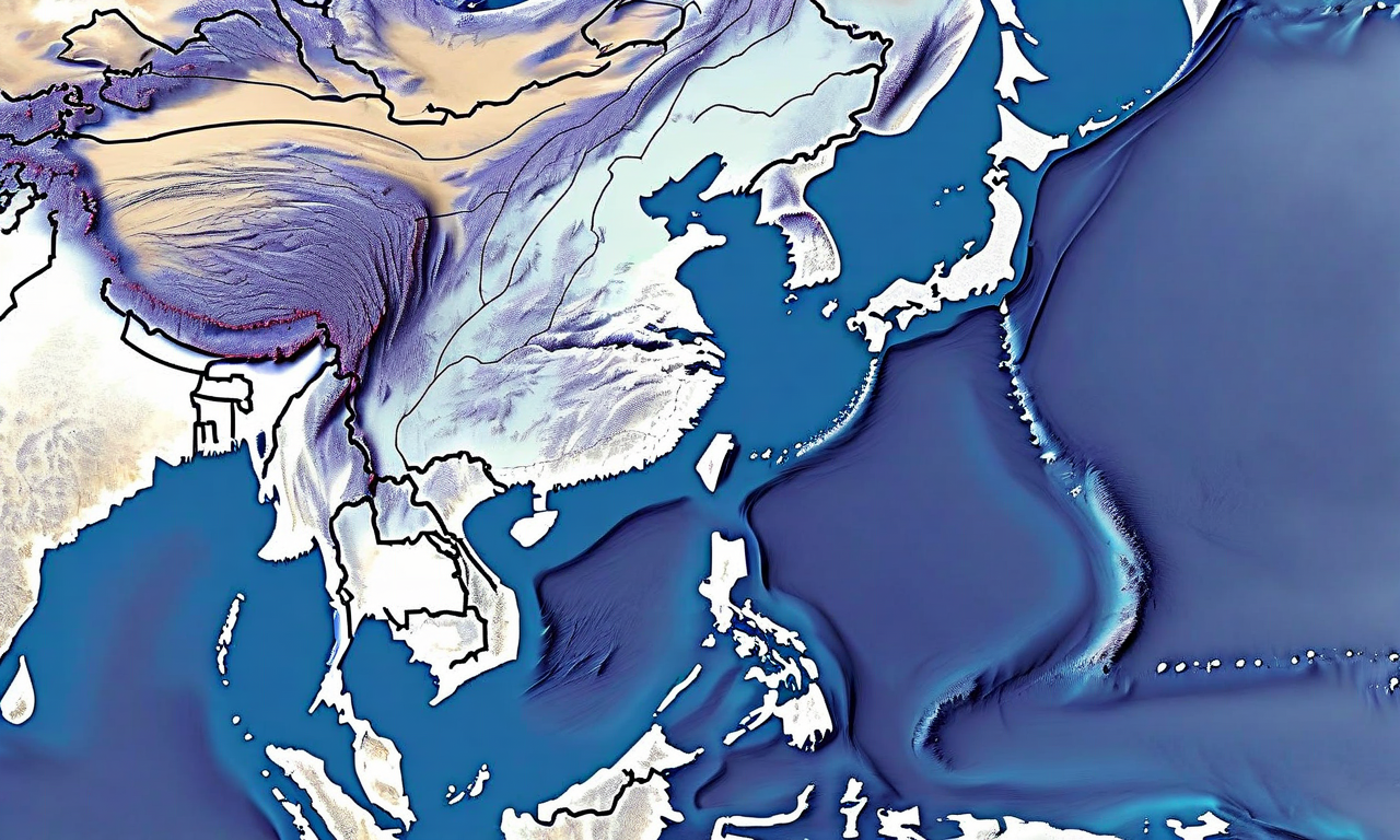 冬型気圧配置の概念図。シベリア上の大陸高気圧から日本海に向かう冷たい北西風の流れ、太平洋低気圧の位置、日本海側の山岳地帯における降雪と積雪を示す気象学的イメージ。気圧配置は色分けされた等圧線と風向矢印で表現されている。