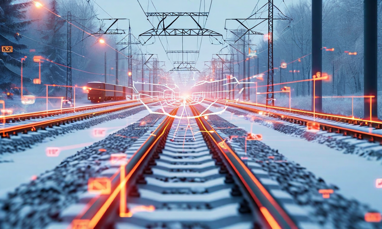 大雪によるインフラ構造的ボトルネックの連鎖メカニズムを示す概念図。積雪による道路閉鎖、鉄道運休、電力線損傷の3つの主要インフラ障害が、相互接続されたネットワークを通じて経済活動(工場、オフィス、サプライチェーン)へ波及する様子を表現。色のグラデーションで障害の深刻度の段階的な拡大を示し、接続線で依存関係と連鎖経路を可視化。