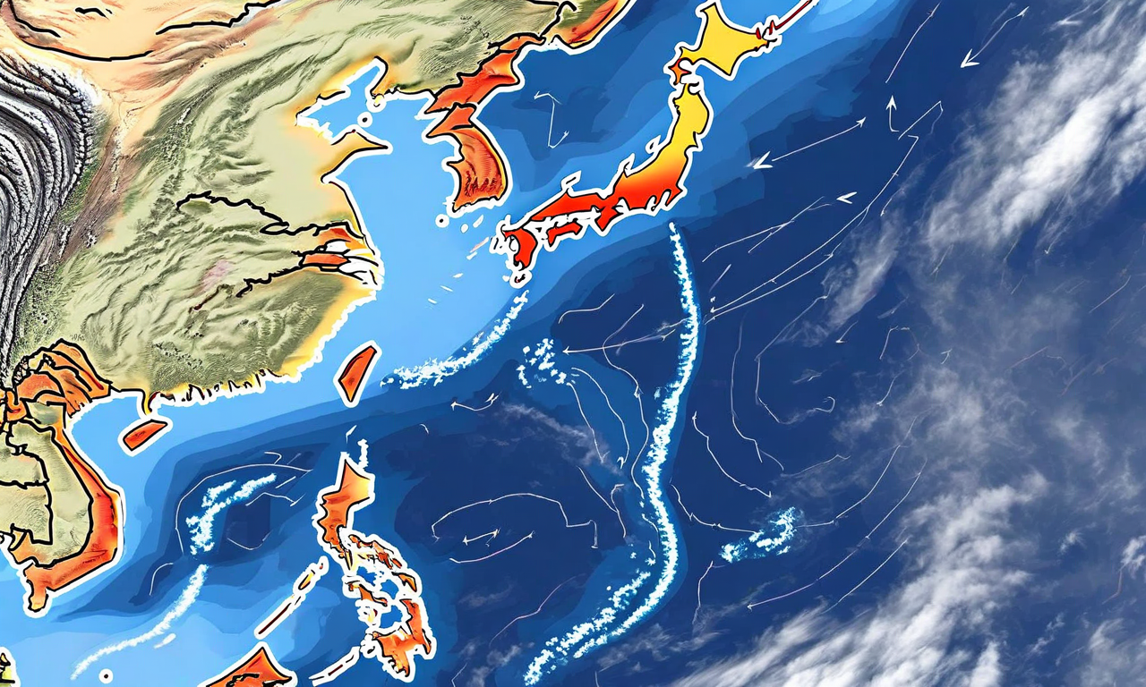 Meteorological visualization showing winter pressure pattern over Japan with high pressure system over Asia, low pressure over Pacific, and heavy snowfall on Japan's Sea of Japan coast driven by northwesterly winds