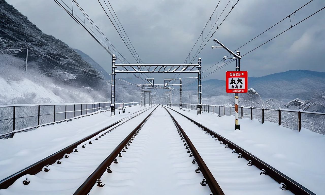 秋田新幹線の盛岡~秋田間の線路が厚く積もった雪に覆われている風景。暗い雲が空を覆い、悪天候の環境を表現している。線路沿いには運転見合わせを示す標識が見える。大雪による視界不良と厳しい冬の気象条件が強調されている。