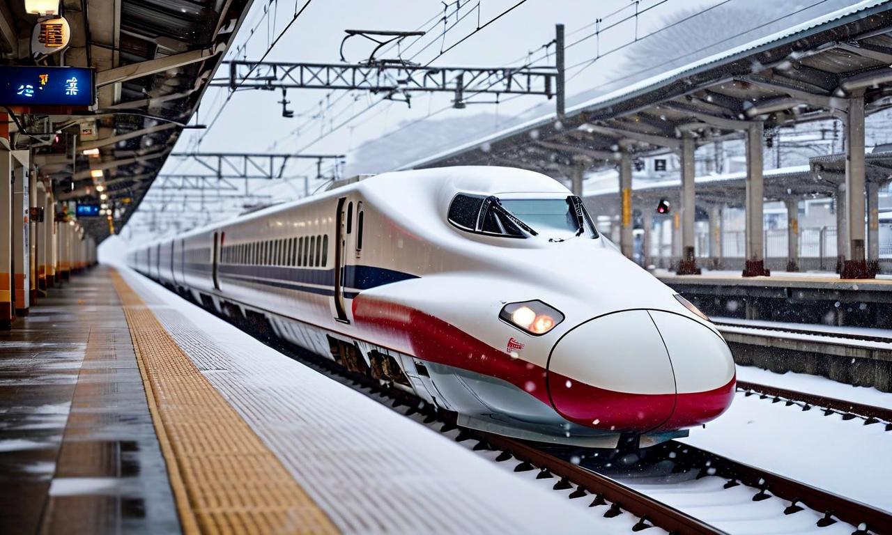 Akita Shinkansen bullet train stopped at a snow-covered station platform during heavy snowfall, with thick snow accumulation on tracks and dense snowflakes falling, illustrating severe winter weather conditions causing service suspension