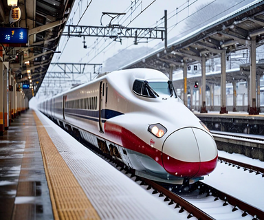 Akita Shinkansen bullet train stopped at a snow-covered station platform during heavy snowfall, with thick snow accumulation on tracks and dense snowflakes falling, illustrating severe winter weather conditions causing service suspension