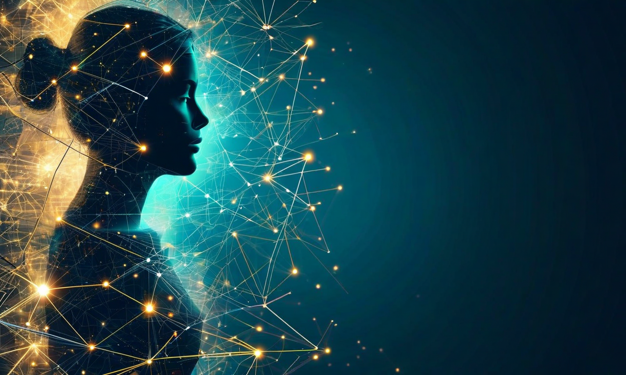 候補者の人物像がデータノードと接続パターンに変換される様子を表現した抽象的なビジュアライゼーション。左側の人間のシルエットが右側の発光するネットワーク接続へと段階的に融合し、中央では人間的資質と分析メトリクスが統合されている。透明な幾何学的形状が層状に配置され、組織の戦略的真正性を象徴している。