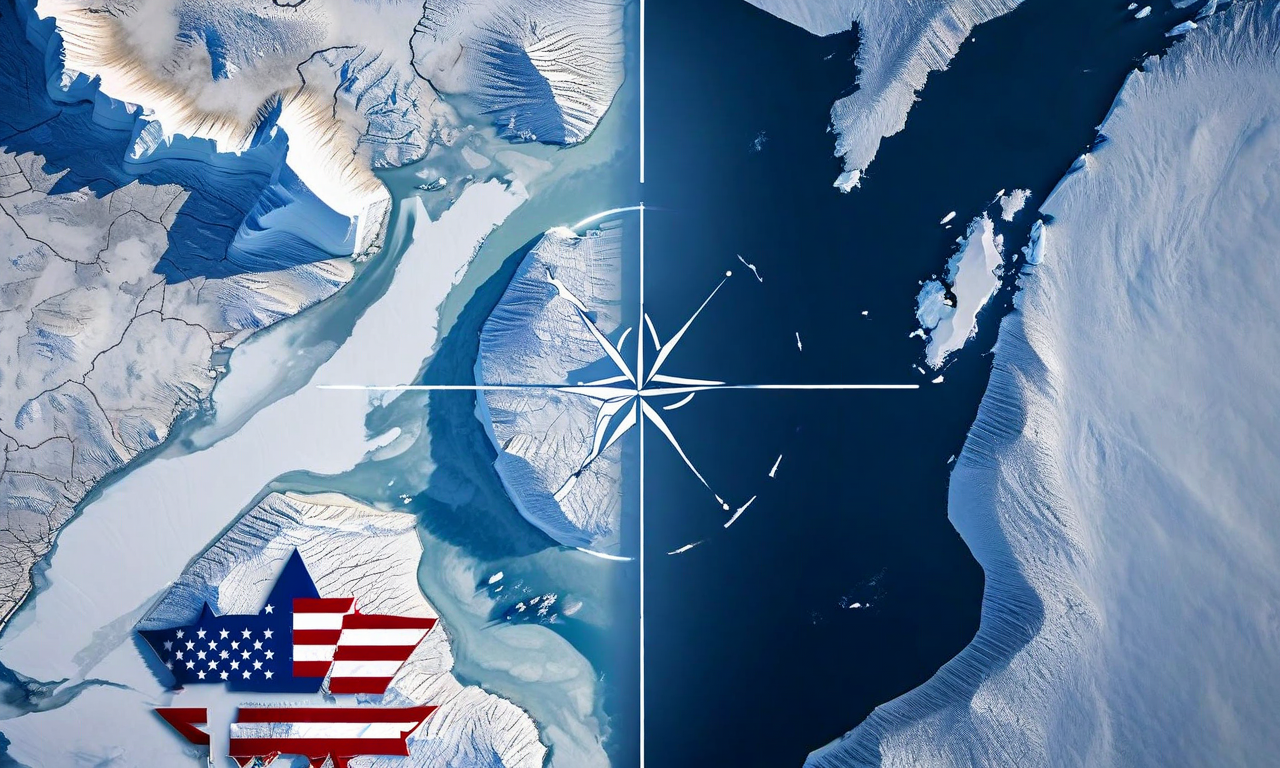 Split composition showing NATO alliance symbolism alongside Greenland's Arctic landscape, connected by strategic elements representing geopolitical negotiation between defense contributions and territorial interests