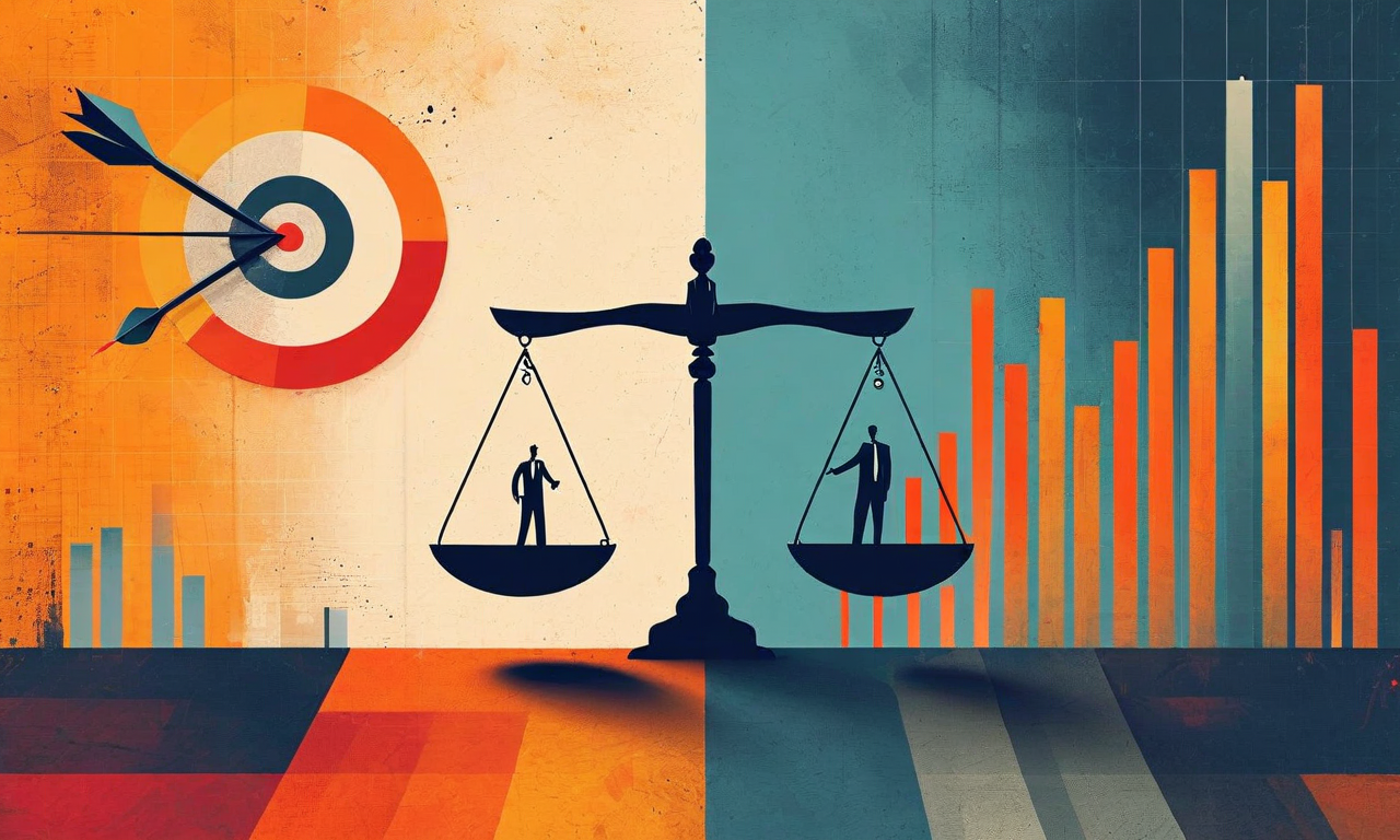 営業スタッフが直面する収入圧力と倫理的ジレンマを表現した抽象的なビジュアル。中央の人物が、上昇する売上目標と四半期ごとの不安定な収入変動の圧力と、個人の生活費および倫理的価値観のバランスの間で葛藤している状況を描いている。対比する色彩と幾何学的な要素で、経済的プレッシャーと個人の誠実さの緊張関係を視覚化。