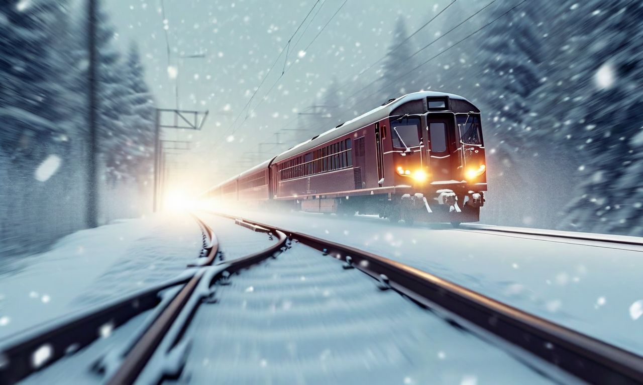 新潟県田上町のJR信越本線で発生した軽乗用車の線路侵入事故を表現した概念イメージ。雪に覆われた線路と道路が区別しにくくなっている冬季の風景の中で、軽乗用車と列車が衝突する危険な瞬間を描いている。視認性の低下と環境の曖昧性が強調されている。