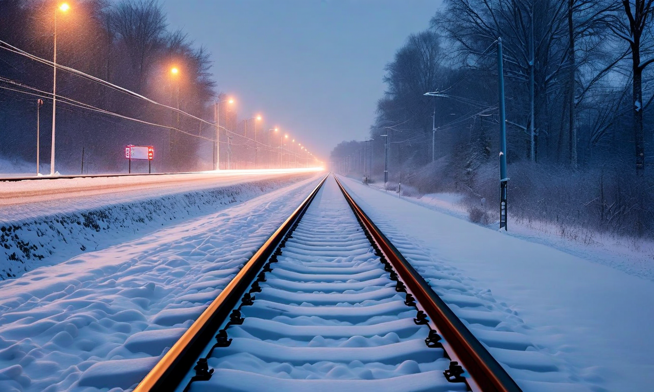 Snow-covered railway tracks at dusk with heavy snowfall obscuring the distinction between the tracks and adjacent roadway, illustrating dangerous visibility conditions in winter weather