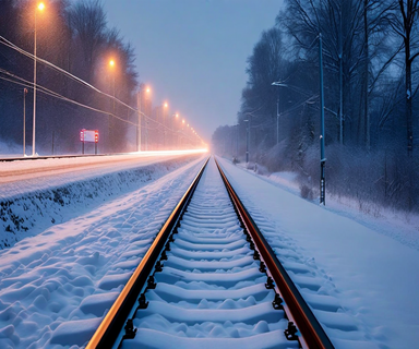 Snow-covered railway tracks at dusk with heavy snowfall obscuring the distinction between the tracks and adjacent roadway, illustrating dangerous visibility conditions in winter weather
