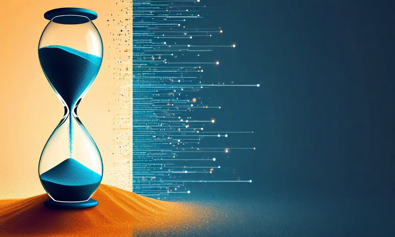 WTO紛争解決メカニズムの時間的限界を表現した抽象的なビジュアル。左側は砂時計とゆっくり流れる砂で遅い官僚的プロセスを、右側は高速で動くデジタル要素と現代的な政策変化を表現。異なる速度で動く時計機構と層状の官僚構造が、デジタル時代とのスピードギャップを視覚化している。