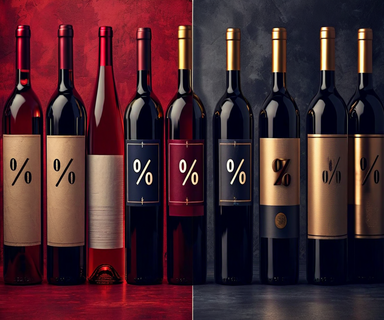 Split composition showing French wine bottles on the left facing American trade policy symbols on the right, separated by a visual barrier representing tariffs, illustrating the tension between trade and diplomatic coercion