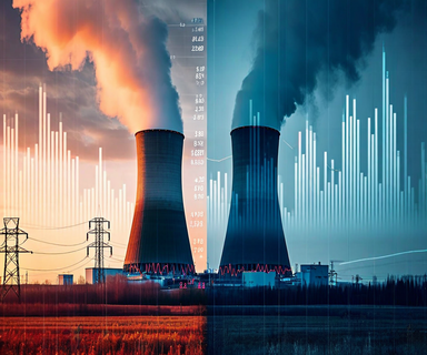 Split composition image showing a nuclear power plant cooling tower with blue tones on the left side, contrasted with declining financial charts in red and amber tones on the right, representing the tension between TEPCO's operational restart and ongoing financial challenges