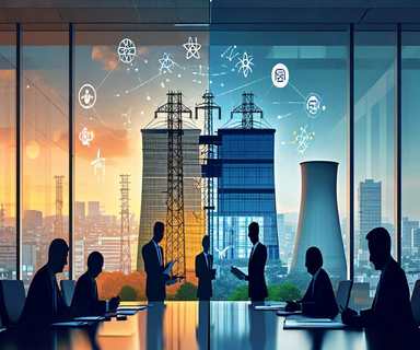 Corporate illustration depicting a utility company building dividing into two sections - one representing nuclear operations with cooling towers, the other showing renewable and conventional energy assets, with business executives meeting in the center to symbolize TEPCO's business restructuring and partnership recruitment