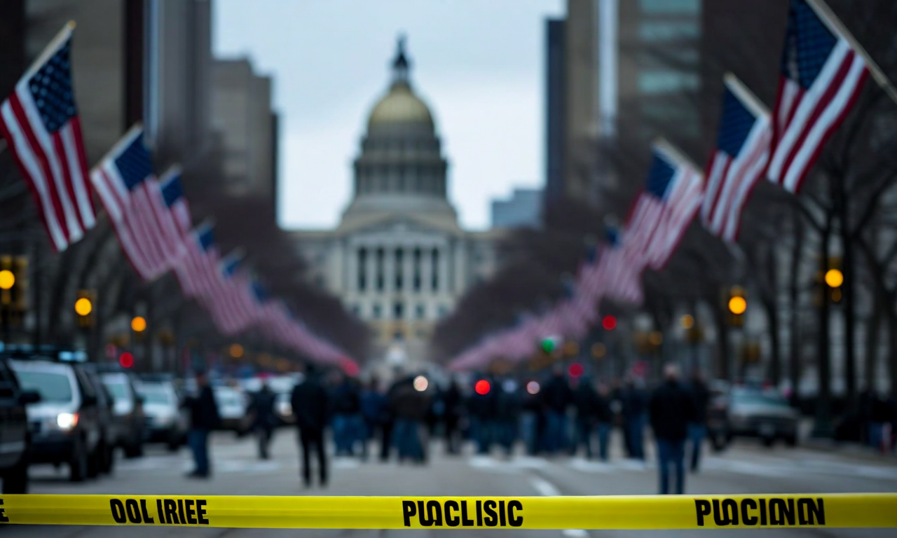 Urban street scene in Minnesota showing police tape in foreground with gathering crowds and federal buildings in background under overcast sky, depicting tense atmosphere following law enforcement shooting incidents