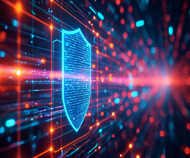 Digital illustration of an AI-powered cybersecurity shield deflecting high-speed cyber threats, represented by glowing blue defensive barriers blocking red attack vectors against a dark technological background with neural network patterns
