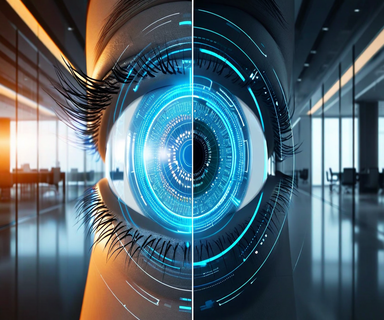 Split composition showing futuristic iris scanning technology on one side contrasted with declining business metrics and empty spaces on the other, representing the gap between innovation and sustainable business implementation