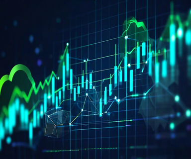 Upward trending stock chart with glowing lines and abstract geometric shapes representing cloud-based collaboration software and project management tools, symbolizing Atlassian's revenue growth and market performance