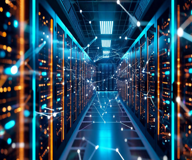 A futuristic data center visualization showing server racks with overlaid holographic decision paths and glowing nodes representing the balance between computational performance and power consumption in high-performance computing systems
