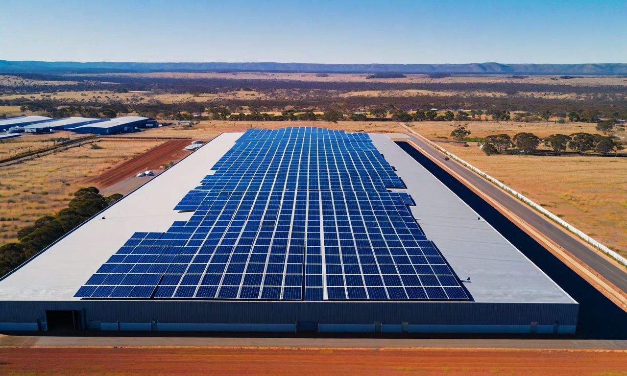 Aerial view of an Australian industrial warehouse with extensive solar panel arrays installed across its rooftop, demonstrating large-scale commercial renewable energy deployment